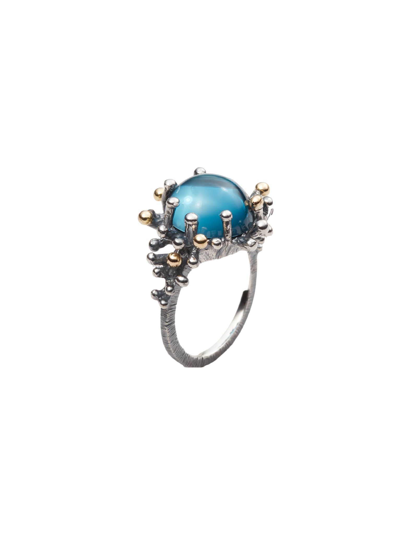 Sea anemone ring in silver and 18k yellow gold with london blue topaz